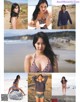 A collage of photos of a woman in a bikini on the beach.