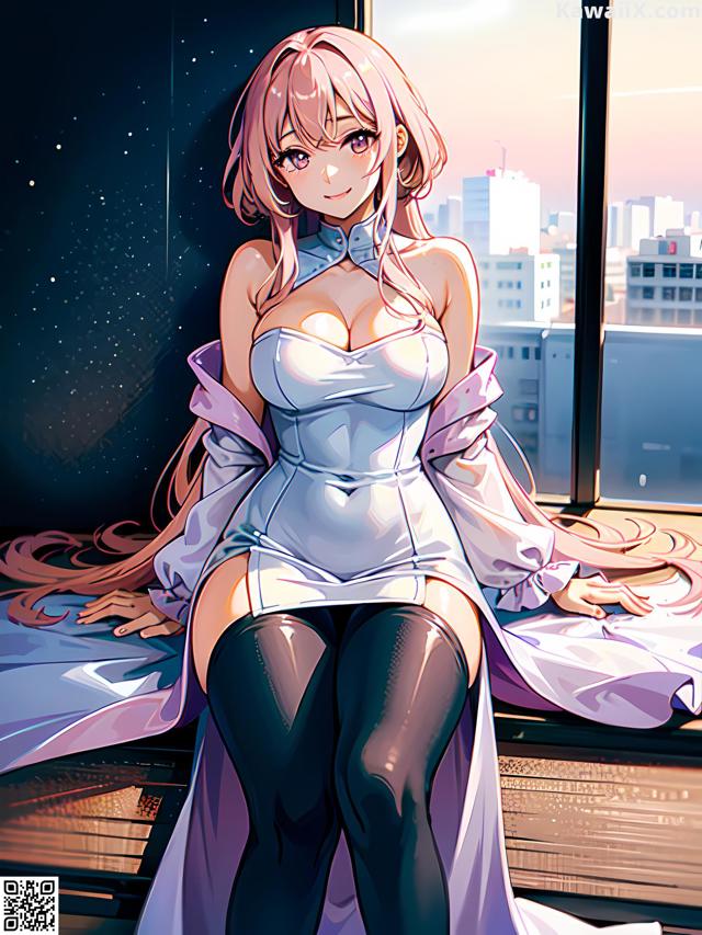 A woman sitting on a window sill in a white dress.