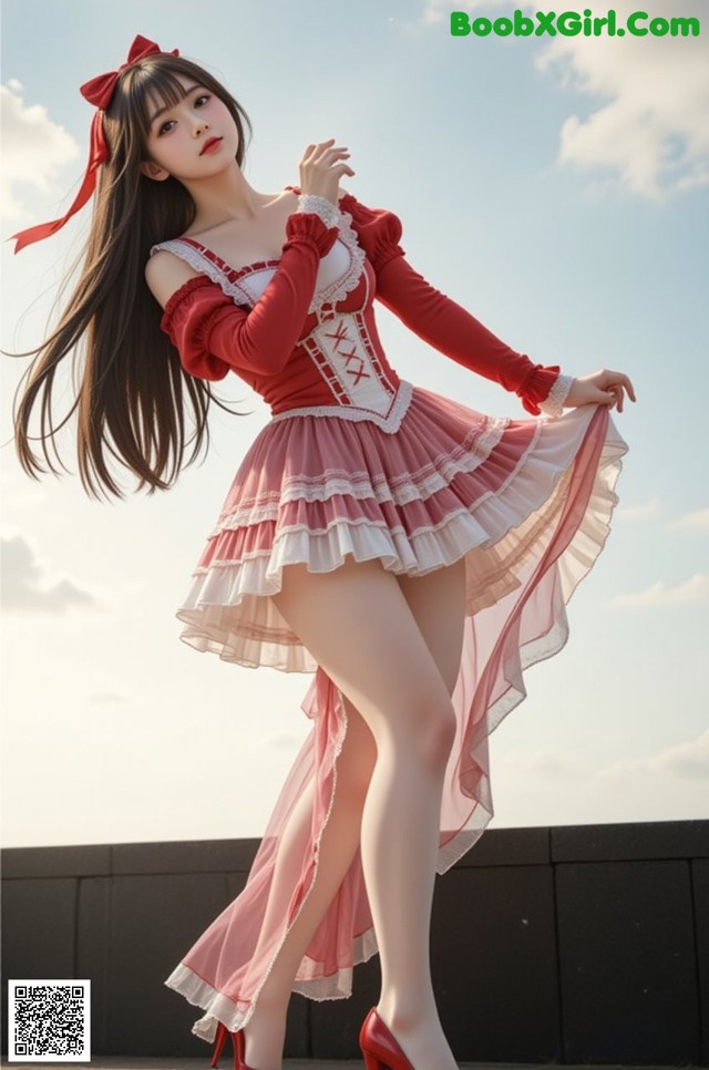 A woman in a red and white dress posing for a picture.