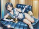 A woman in a sailor outfit laying on a blue couch.