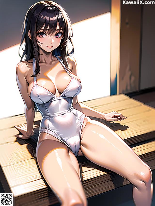 A woman in a white bathing suit sitting on a wooden bench.