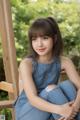 A young woman sitting on a wooden chair in a park.