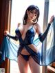 A woman in a blue lingerie standing by a window.